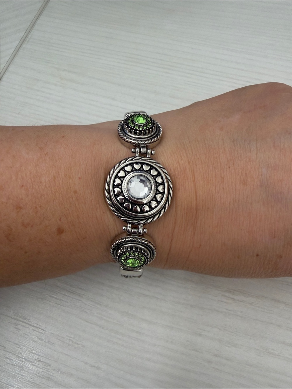 Silver-Tone Bracelet with Green Crystal Accents